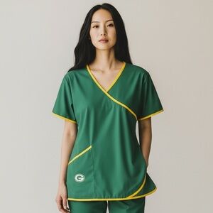 Green Bay Packers official NFL brand Scrub Top with Yellow Trim and Team Patch
